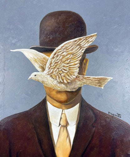 art-surréalisme-portrait-homme-chapeau-colombe-peinture-huile sur toile-d'apres Magritte