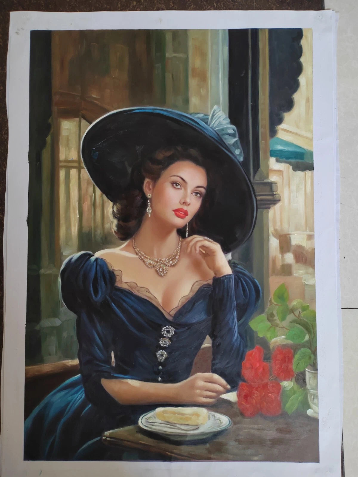 art-decoration-tableau-peinture-huile-toile-portrait-feminin-femme-chapeau-restaurant-café