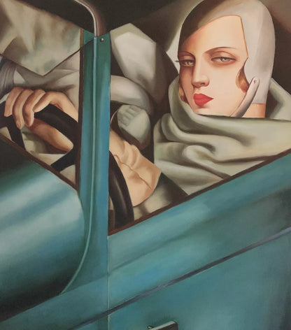 art-decoration-tableau-peinture-huile-toile-portrait-scene-feminin-art deco-femme-voiture
