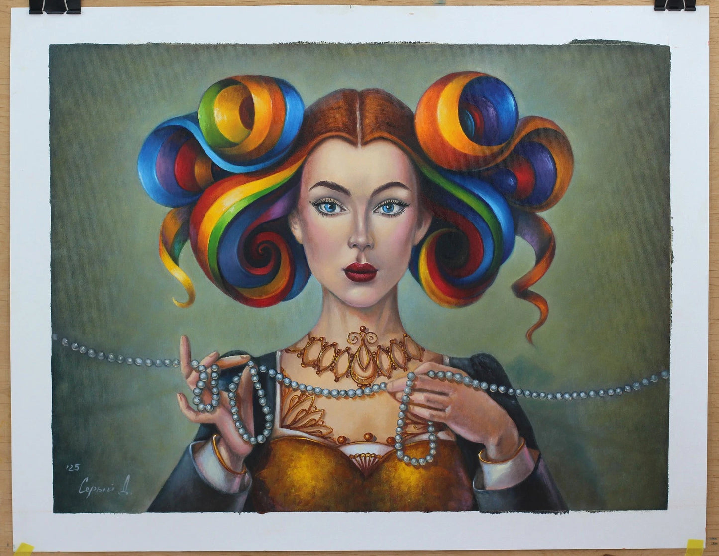 art-decoration-tableau-peinture-huile-toile-surrealste-portrait-femme-arc en ciel-perles