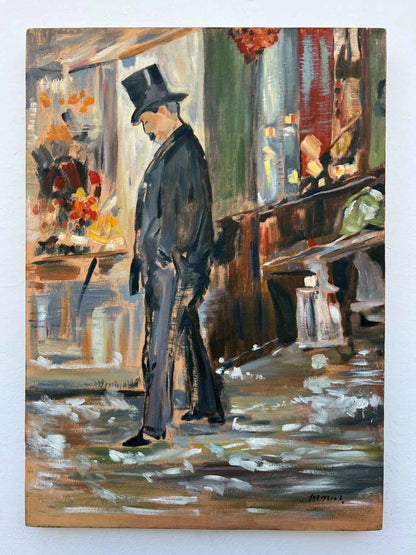 art peinture huile sur toile personnage homme en fraque et chapeau haut de forme d'après Manet