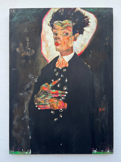 art-decoration-tableau-peinture-huile-toile-moderne-portrait-homme-d'apres Egon Schiele