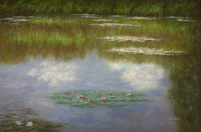 art-paysage-village-etang-nenuphars-Nymphéas-peinture-huile-toile-inspirée de Monet