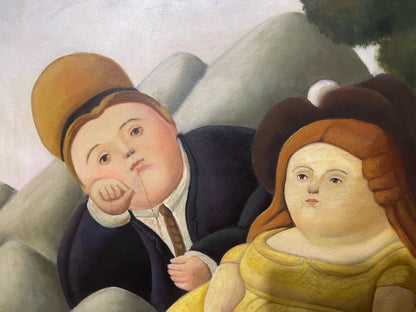 art-decoration-tableau-peinture-huile-toile-scene-picnic-fat-d'apres Botero