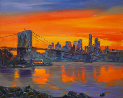 art-decoration-tableau-peinture-huile-toile-moderne-skyline-new york-pont-Brooklyn-soleil-coucher