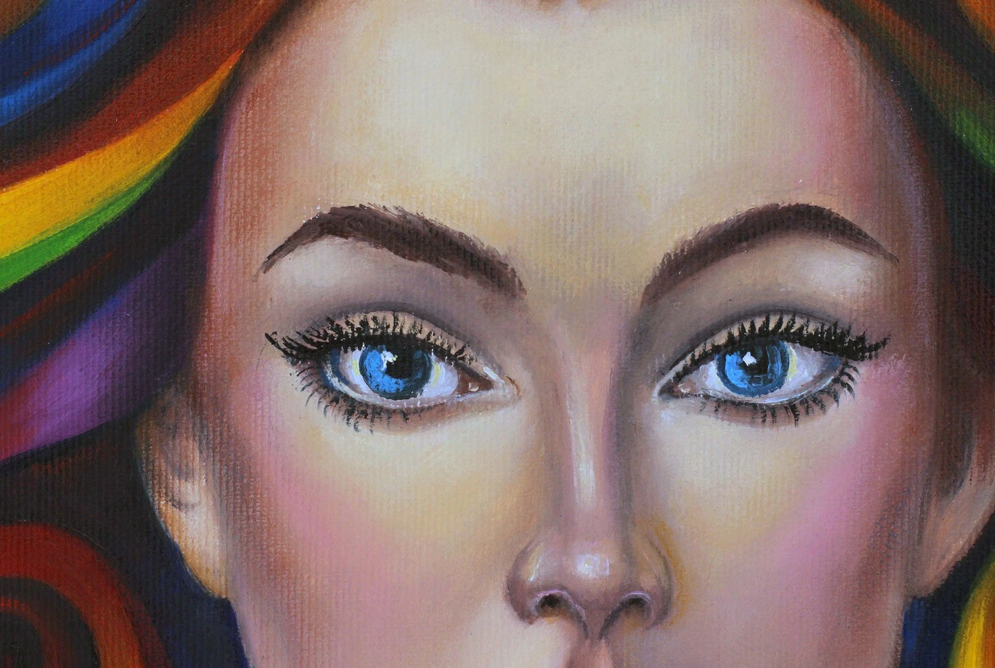 art-decoration-tableau-peinture-huile-toile-surrealste-portrait-femme-arc en ciel-perles