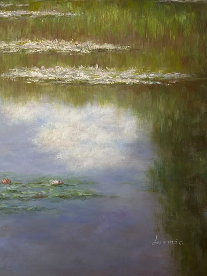 art-paysage-village-etang-nenuphars-Nymphéas-peinture-huile-toile-inspirée de Monet