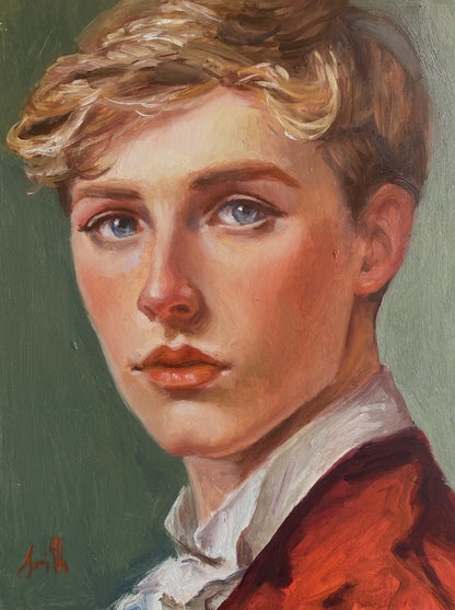ableau huile original portrait d'homme jeune homme aux cheveux blonds, J Smith. Encadré