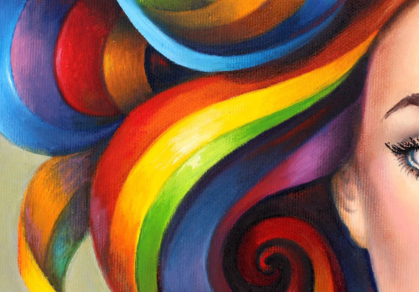 art-decoration-tableau-peinture-huile-toile-surrealste-portrait-femme-arc en ciel-perles