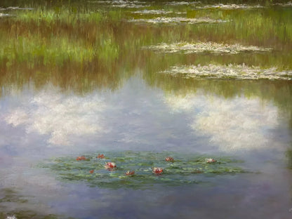 art-paysage-village-etang-nenuphars-Nymphéas-peinture-huile-toile-inspirée de Monet