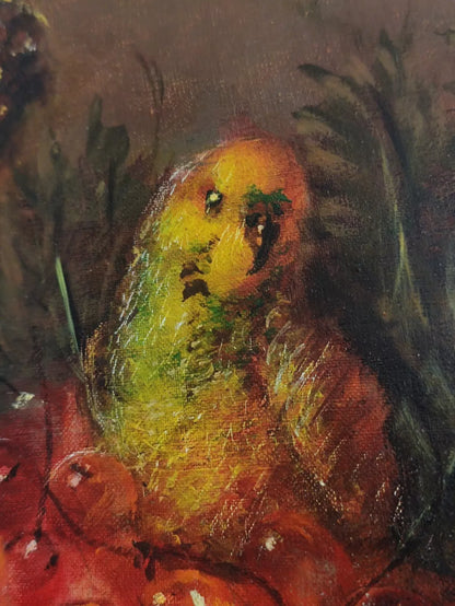 art-decoration-tableau-peinture-huile-toile-nature-morte-fruits-raisin-perruche