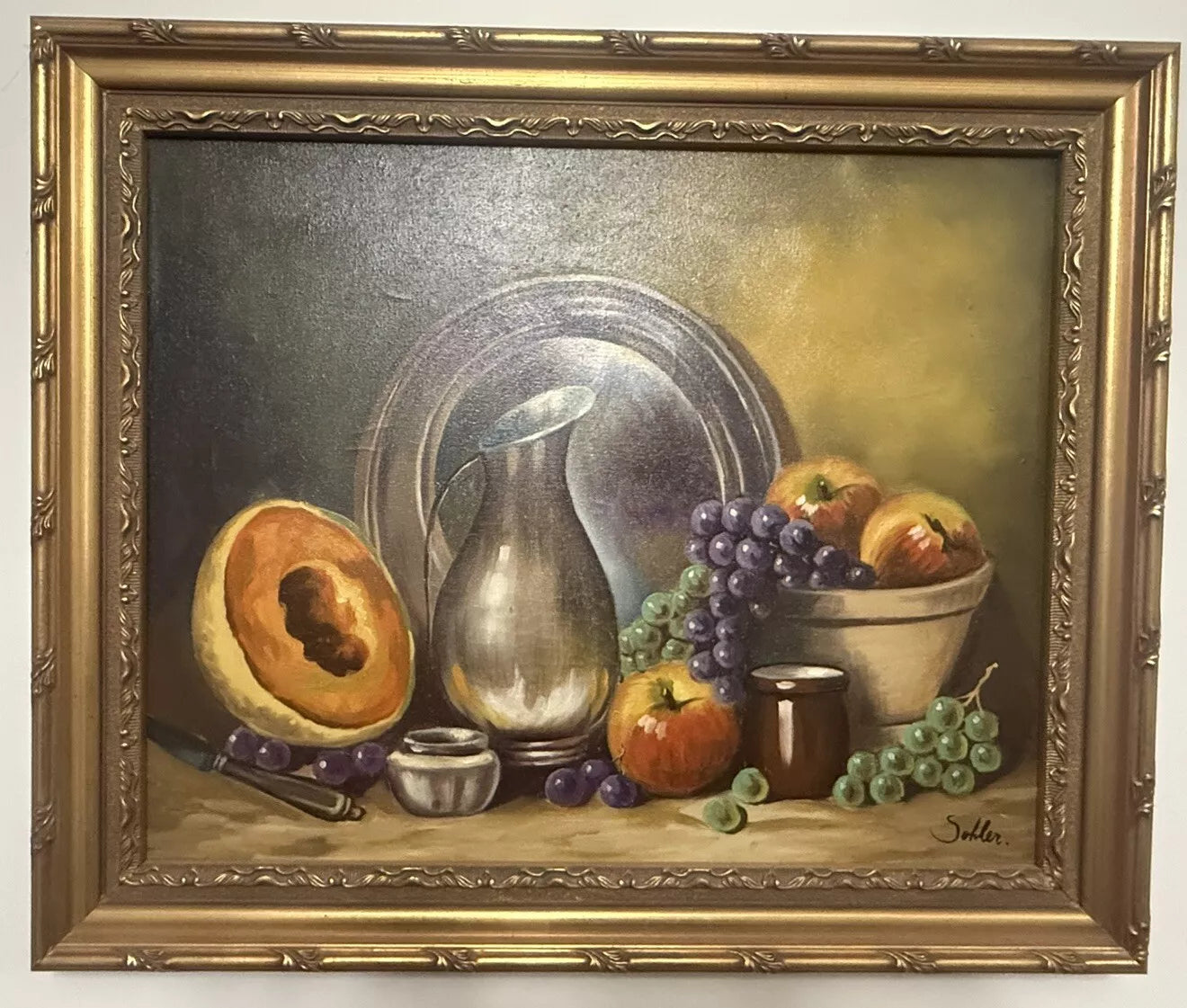 Tableau ancien fruits nature morte par Stohler. Cadre doré
