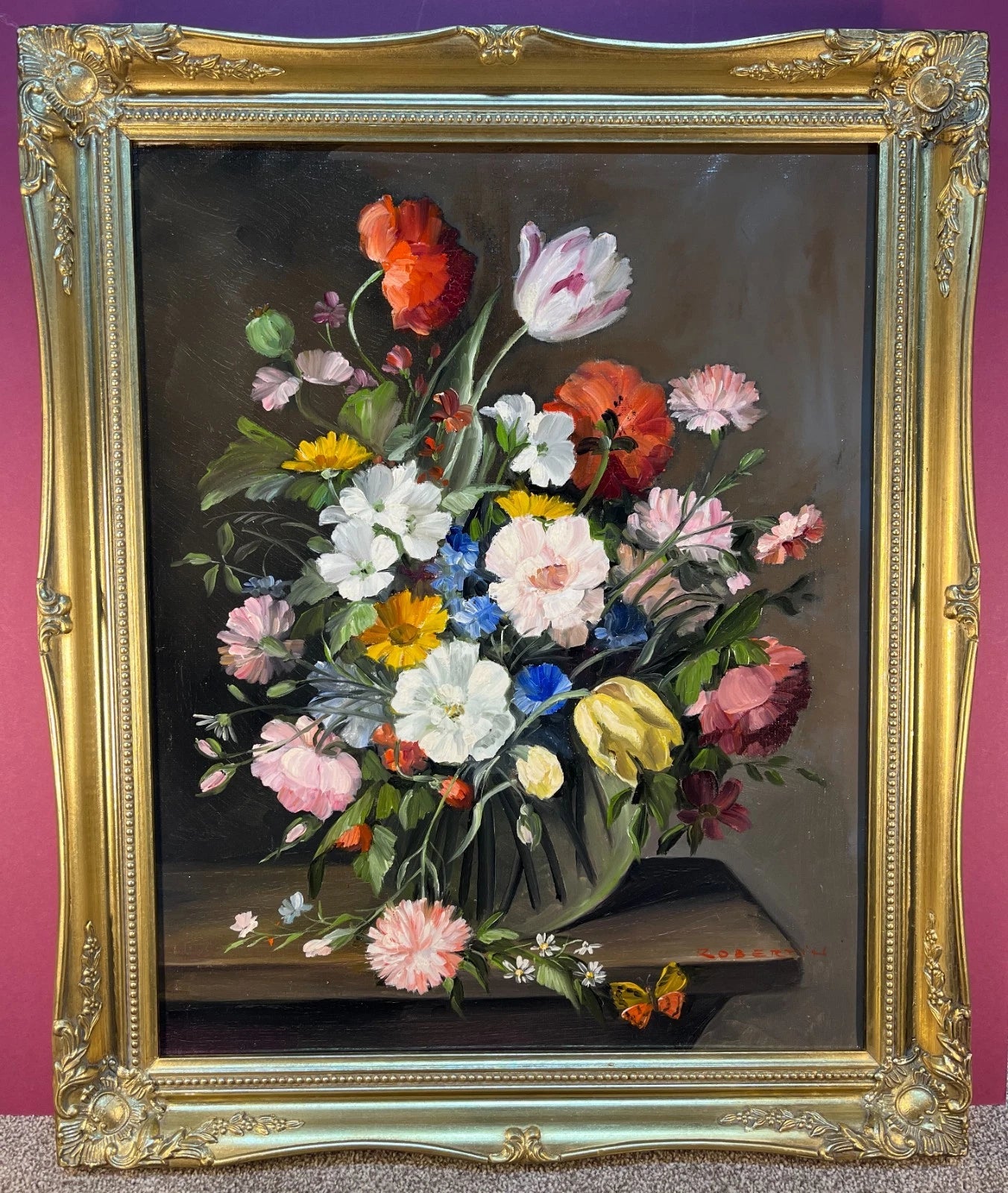 Tableau ancien original huile nature morte de fleurs encadré