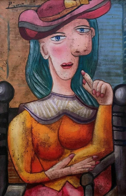 art-decoration-tableau-peinture-huile-toile-portrait-feminin-femme-chapeau-rose