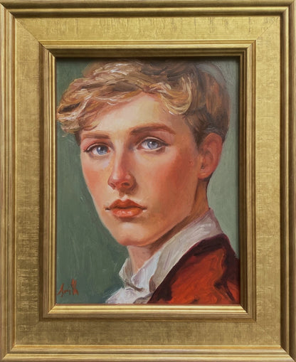 ableau huile original portrait d'homme jeune homme aux cheveux blonds, J Smith. Encadré