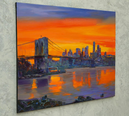 art-decoration-tableau-peinture-huile-toile-moderne-skyline-new york-pont-Brooklyn-soleil-coucher