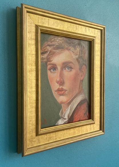 ableau huile original portrait d'homme jeune homme aux cheveux blonds, J Smith. Encadré