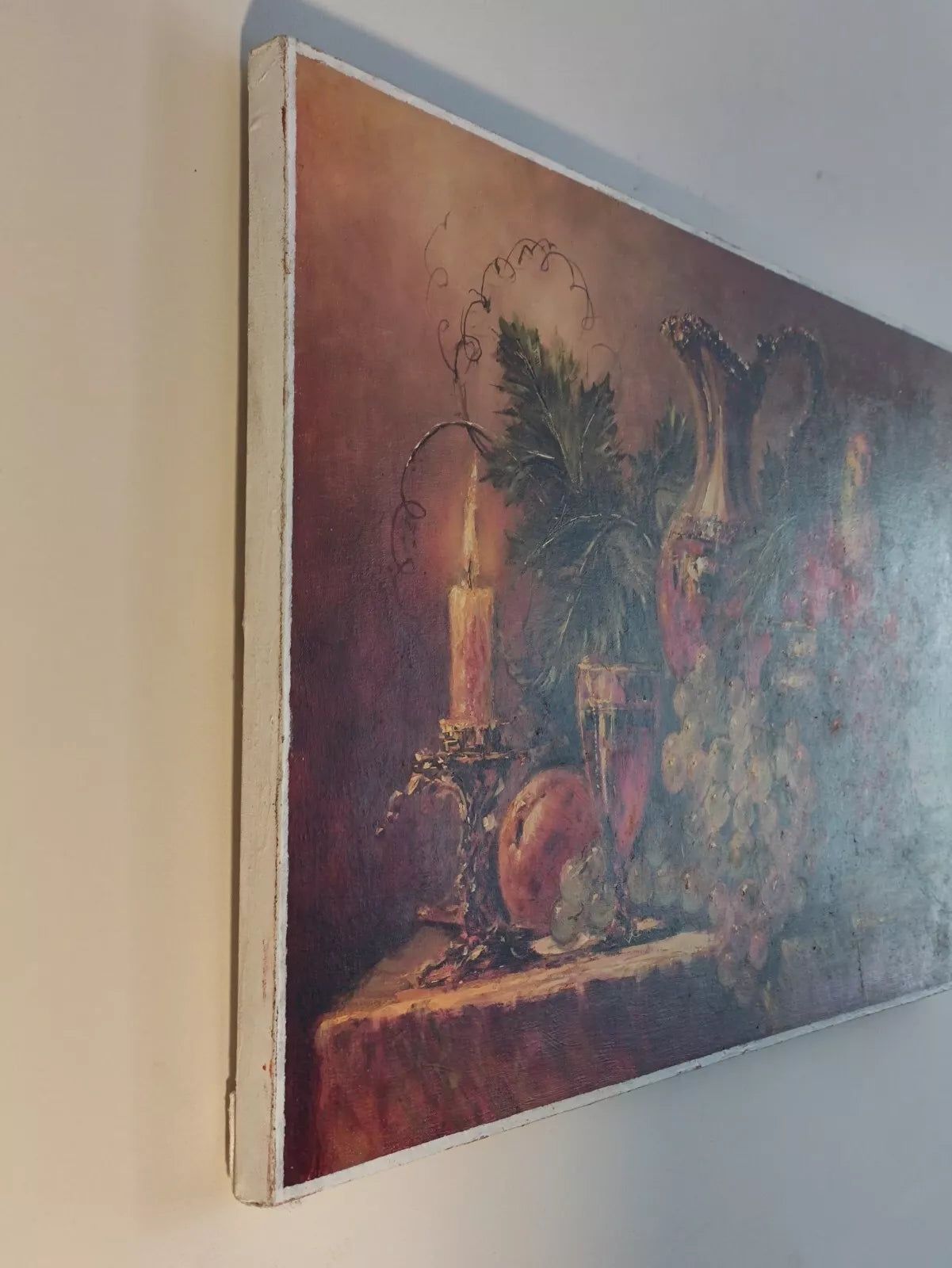 art-decoration-tableau-peinture-huile-toile-nature-morte-fruits-raisin-perruche