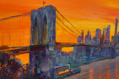 art-decoration-tableau-peinture-huile-toile-moderne-skyline-new york-pont-Brooklyn-soleil-coucher
