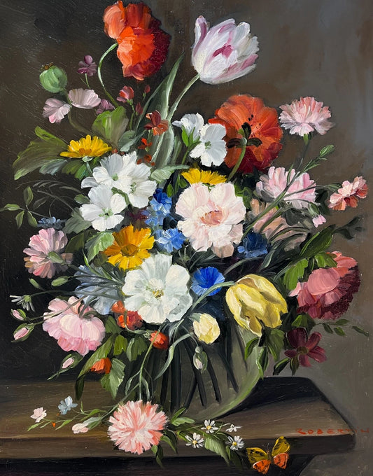 Tableau ancien original huile nature morte de fleurs encadré