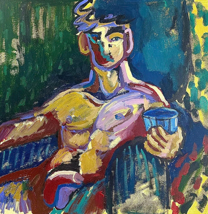 art-decoration-tableau-peinture-moderne-huile-toile-portrait-masculin-homme-jeune-nu integrale-verre