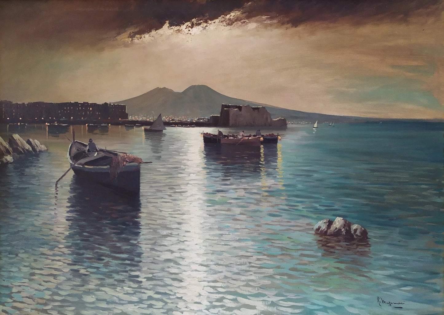 Paysage Nocturne Baie de Naples Marina Grande Peinture à Huile Années 50 signée