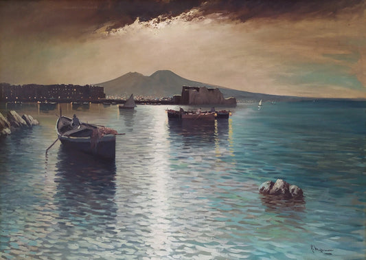 Paysage Nocturne Baie de Naples Marina Grande Peinture à Huile Années 50 signée