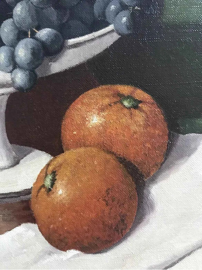 art-nature-morte-fleurs-bouquet-vase-fruits-raisin-orange-peinture-huile-toile