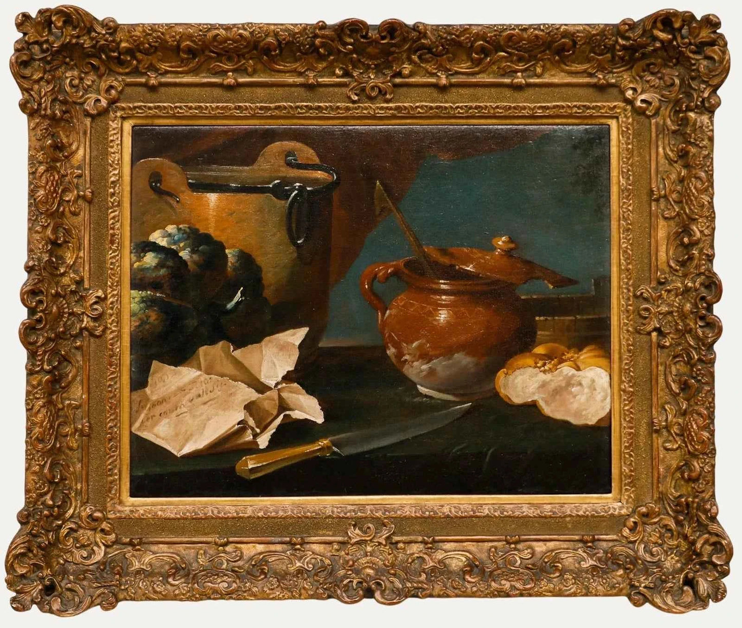 Huile encadrée XIXème - Nature morte pain couteau avec pot en terre