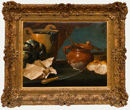 Huile encadrée XIXème - Nature morte pain couteau avec pot en terre
