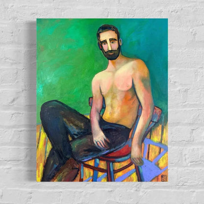 art-moderne-nu-masculin-homme-torse-nu-barbu-peinture-originale-huile-toile