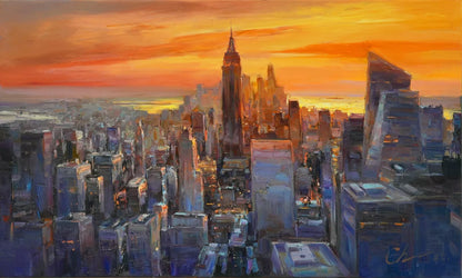 art-decoration-tableau-peinture-huile-toile-moderne-skyline-new york-soleil