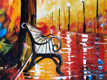 art-decoration-tableau-peinture-huile-toile-paysage-moderne-coloré-rue-nuit-pluie-banc