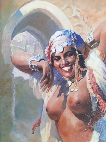 art-decoration-tableau-peinture-huile-toile-portrait orientelisme-femme-berbere-seins-nu