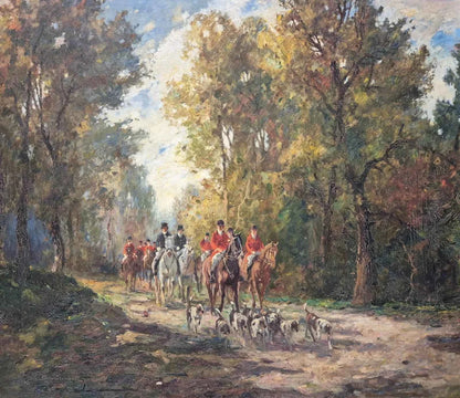 art-scene-personnages-chasse-chevaux-chiens-peinture-huile-toile