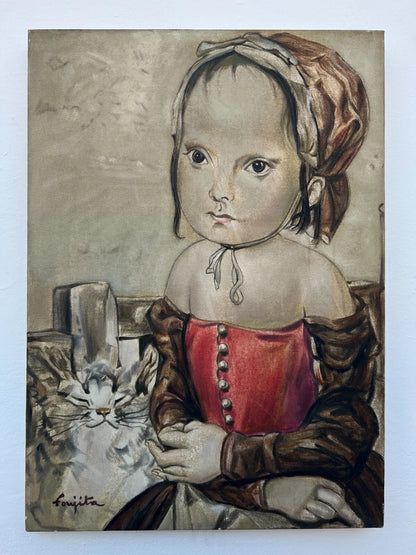 art-decoration-tableau-peinture-huile-toile-moderne-portrait-petite-fille-personnage-enfant-chat-d'aprés Tsuguharu Foujita