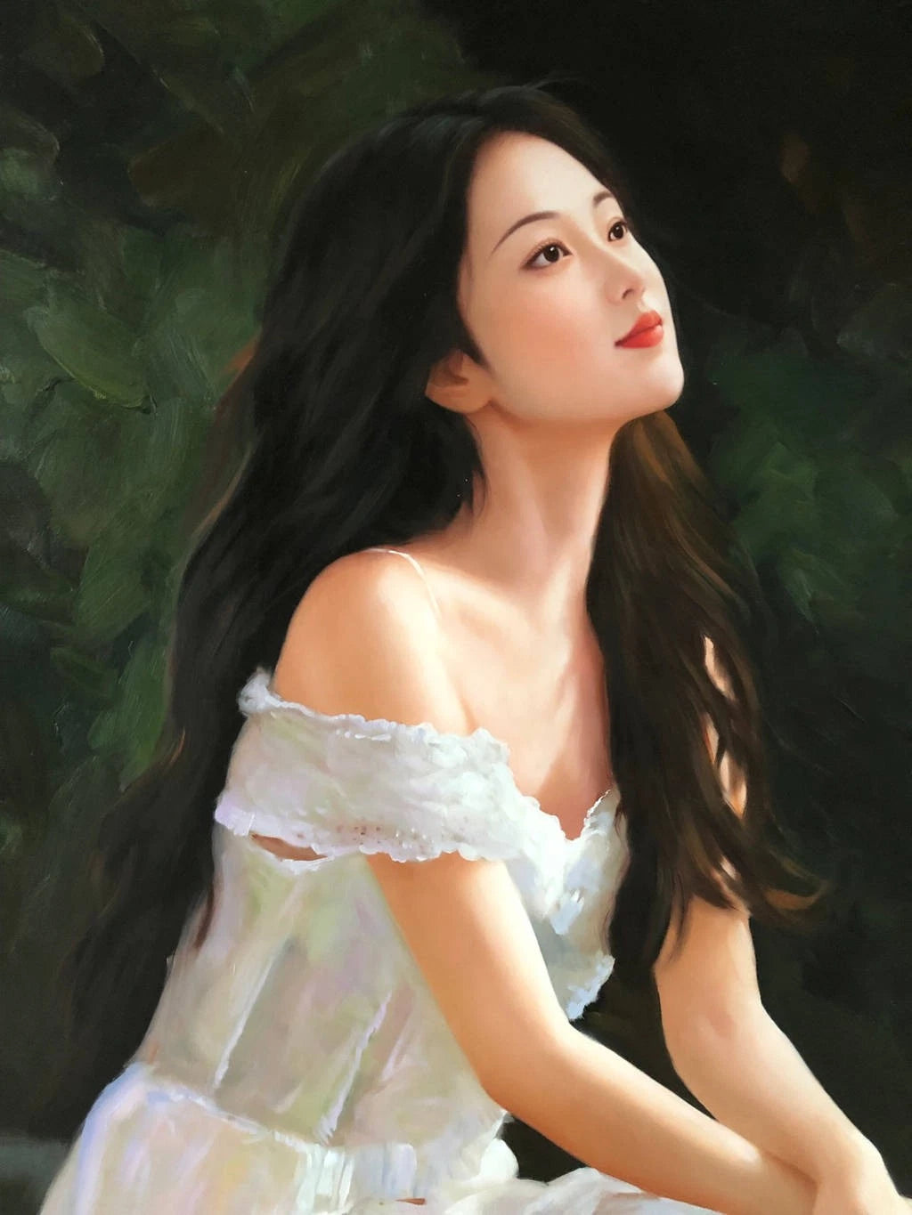 Peinture à l'huile sur toile peinte à la main belle femme chinoise en robe blanche par Leng Jun - Kikooyou Art Gallery