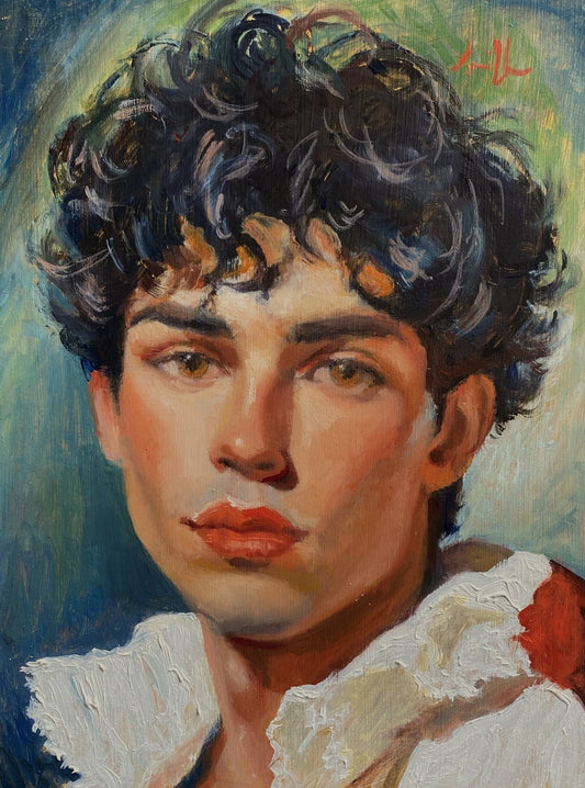 Tableau huile original portrait d'homme jeune homme aux cheveux foncés, J Smith. Encadré