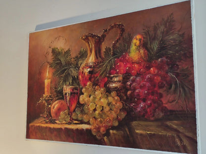 art-decoration-tableau-peinture-huile-toile-nature-morte-fruits-raisin-perruche