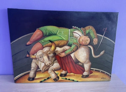 art-decoration-tableau-peinture-huile-toile-scene-corrida-matador-taureau-d'apreès Botero