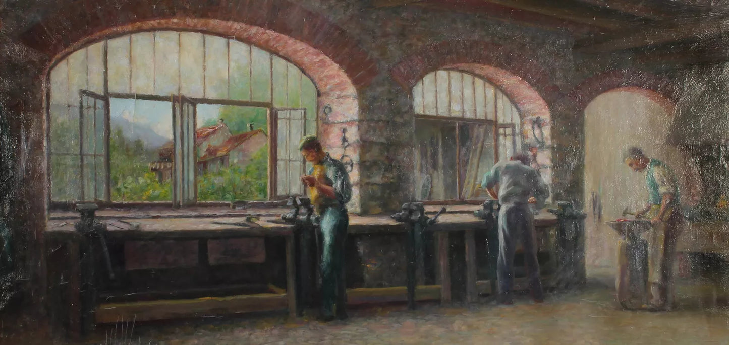art-decoration-tableau-peinture-huile-panneau-scene-vie-atelier-forgerons