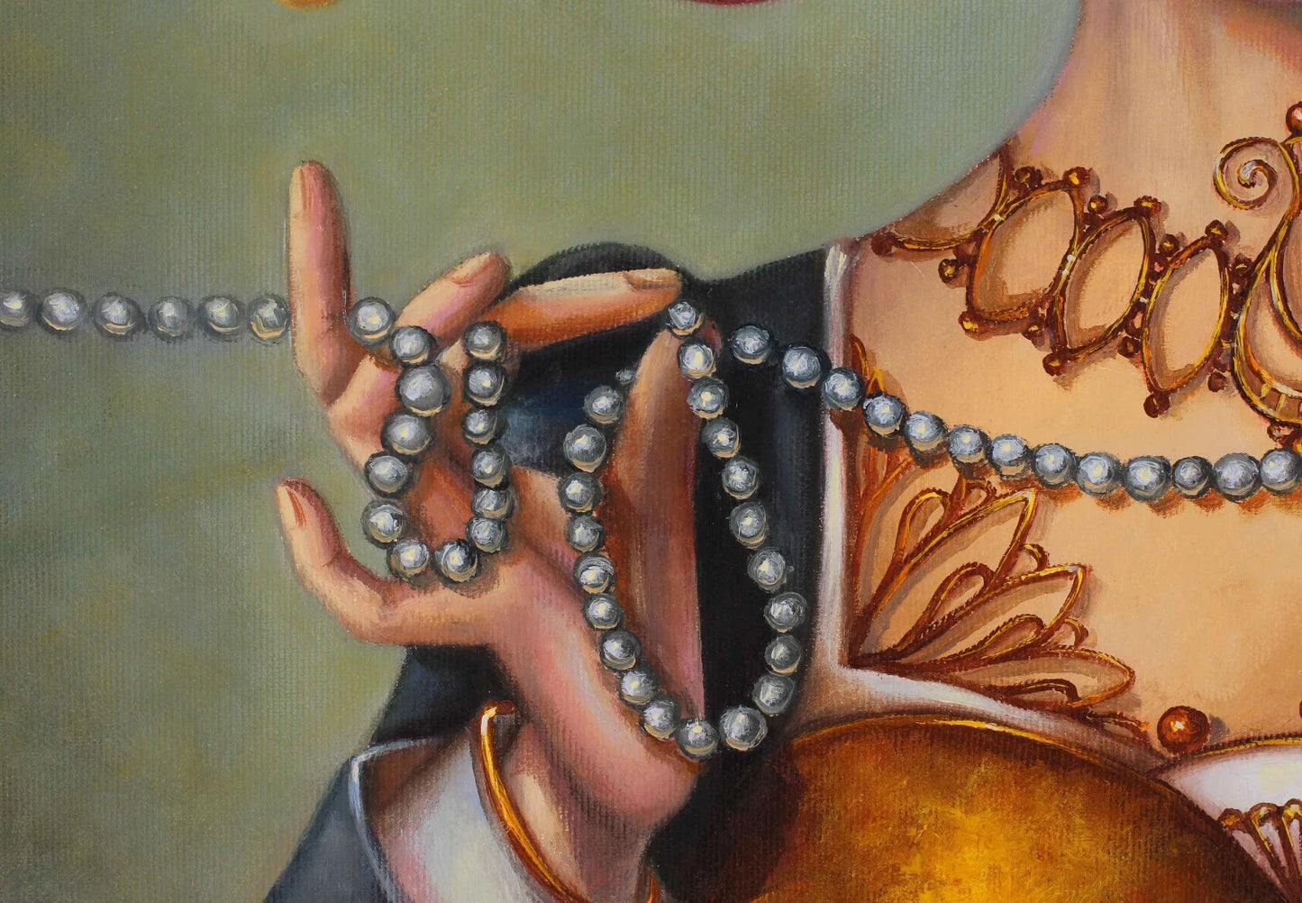 art-decoration-tableau-peinture-huile-toile-surrealste-portrait-femme-arc en ciel-perles