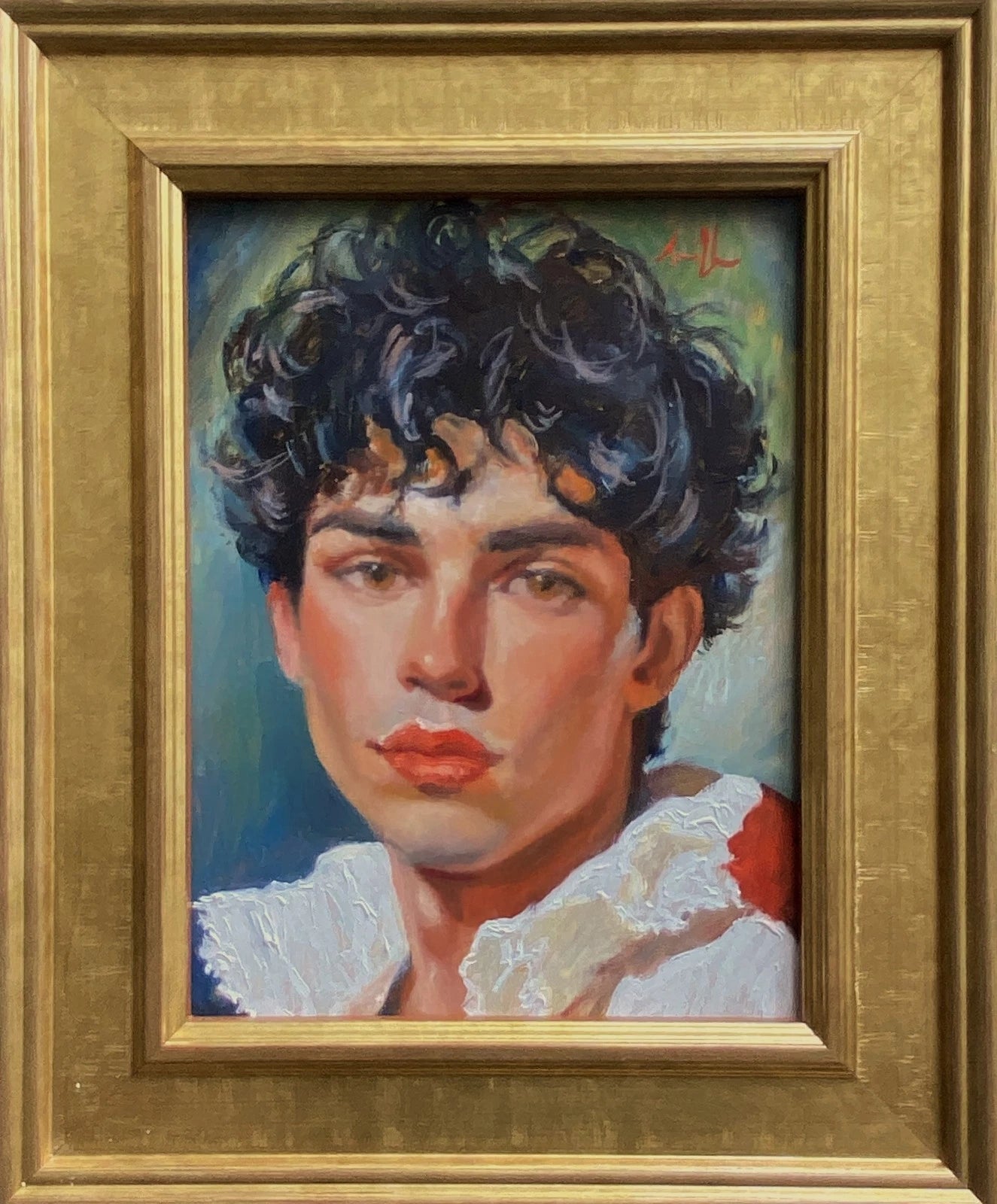 Tableau huile original portrait d'homme jeune homme aux cheveux foncés, J Smith. Encadré