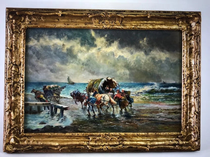 Tableau ancien huile origine tempête sauvage côte mer avec chevaux wagons Ecosse signé