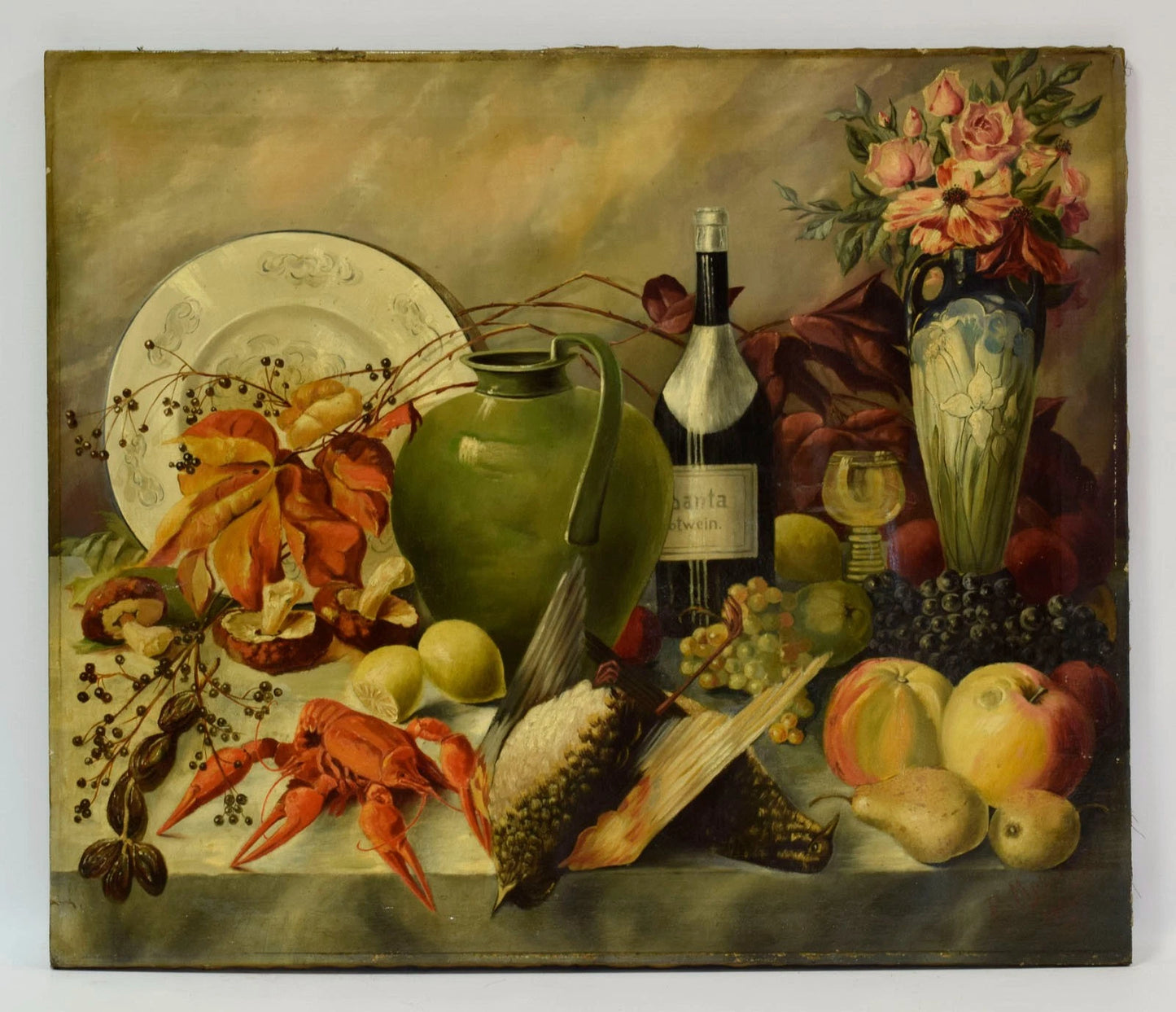 1908 Tableau ancien nature morte, huile, signé et daté, 85 x 72,5 cm