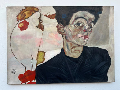 art-decoration-tableau-peinture-huile-toile-moderne-portrait-jeune-homme-habit-noir-d'apres Egon Schiele