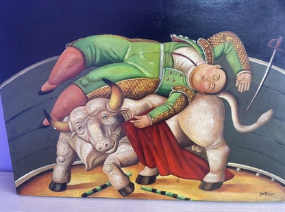 art-decoration-tableau-peinture-huile-toile-scene-corrida-matador-taureau-d'apreès Botero
