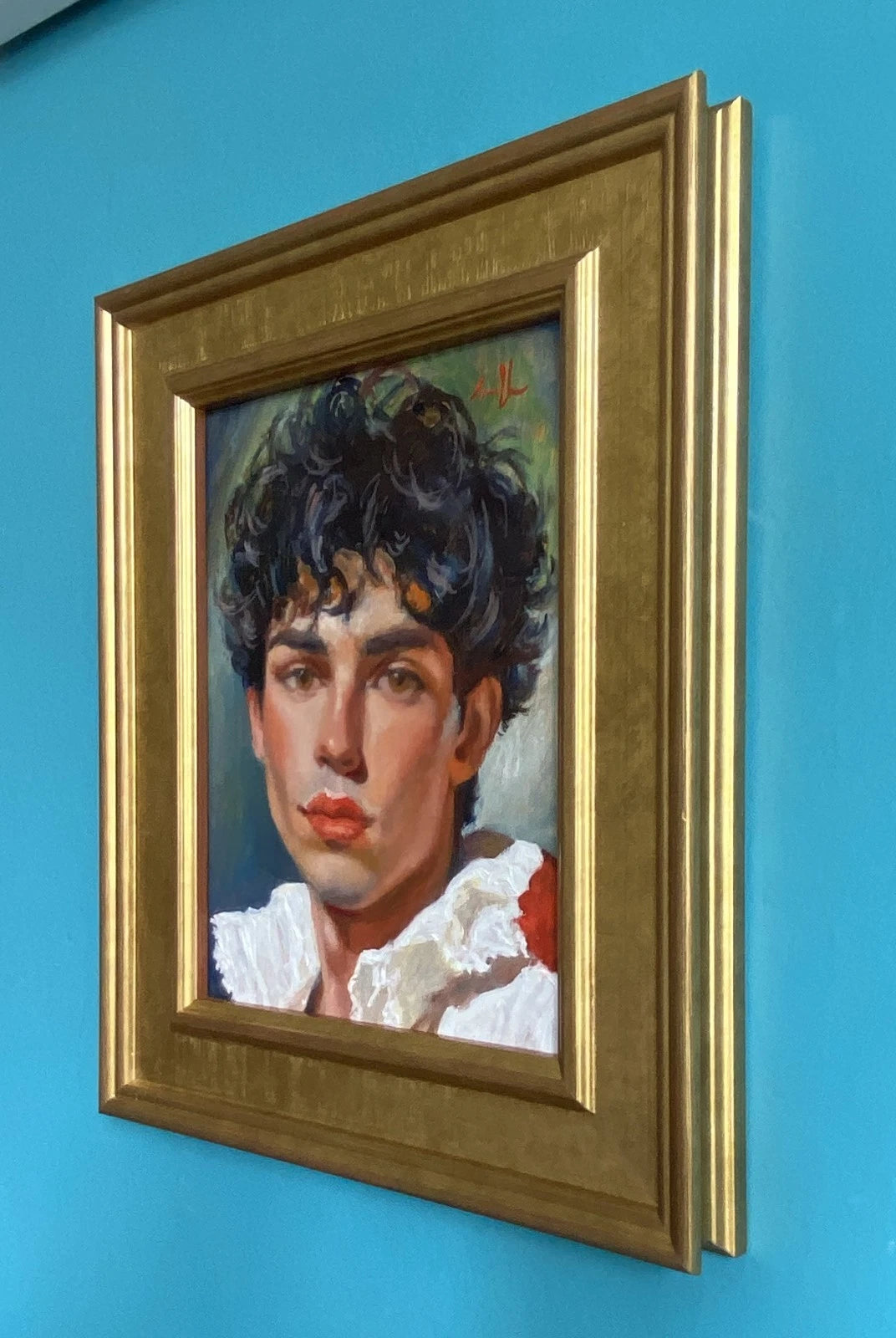 Tableau huile original portrait d'homme jeune homme aux cheveux foncés, J Smith. Encadré