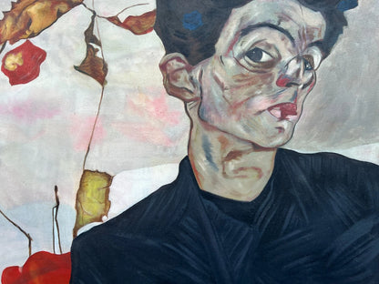 art-decoration-tableau-peinture-huile-toile-moderne-portrait-jeune-homme-habit-noir-d'apres Egon Schiele