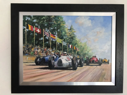 PANNEAU HUILE SUR TOILE SIGNÉ ALAN KING BERND ROSEMEYER 1937 V16 AUTO UNION